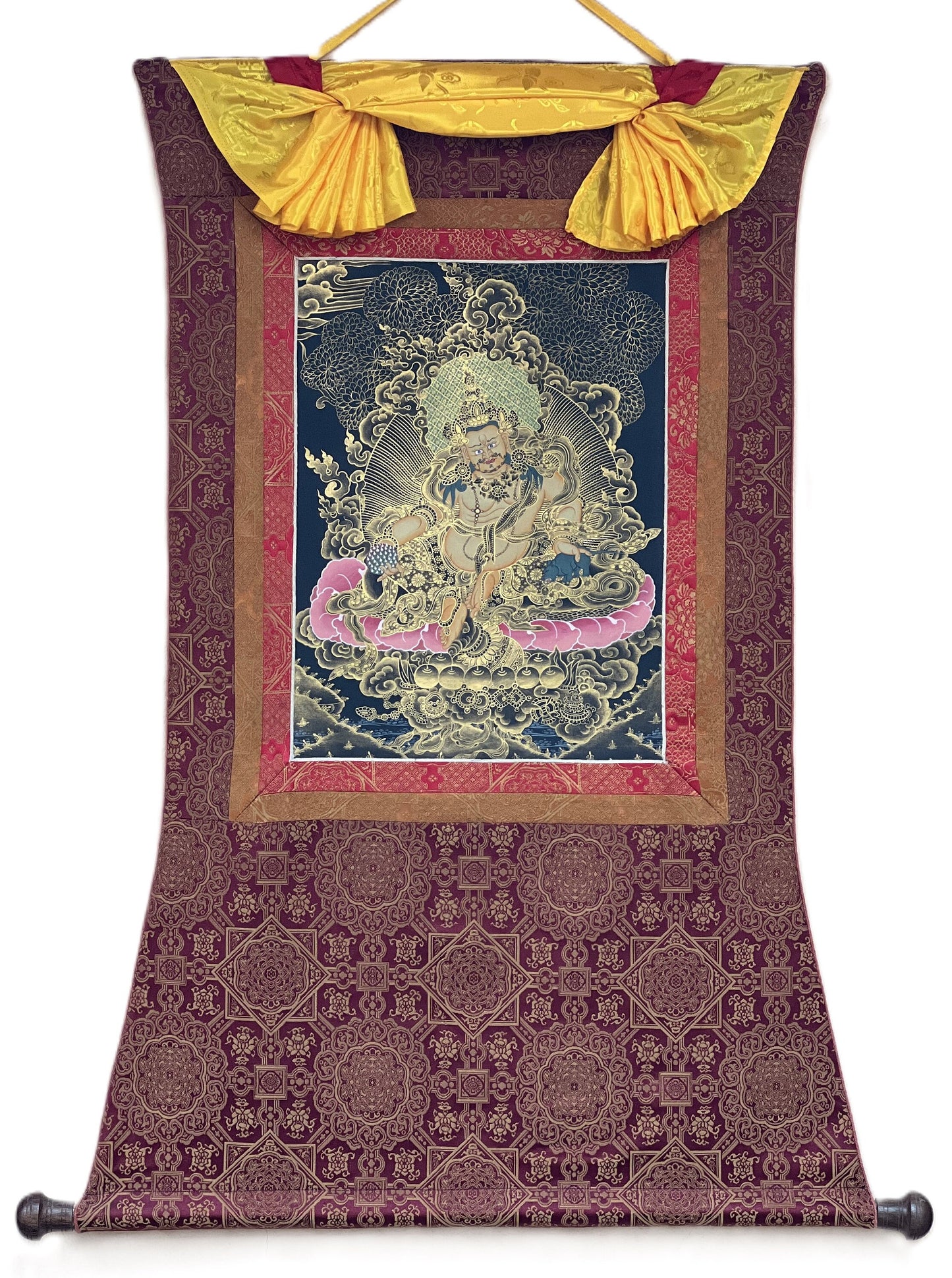 Original Hand Painted Kubera/ Jambhala/ Zambala God Of Wealth Tibetan Compassion / Meditation Thangka  Painting with Premium Silk Brocade