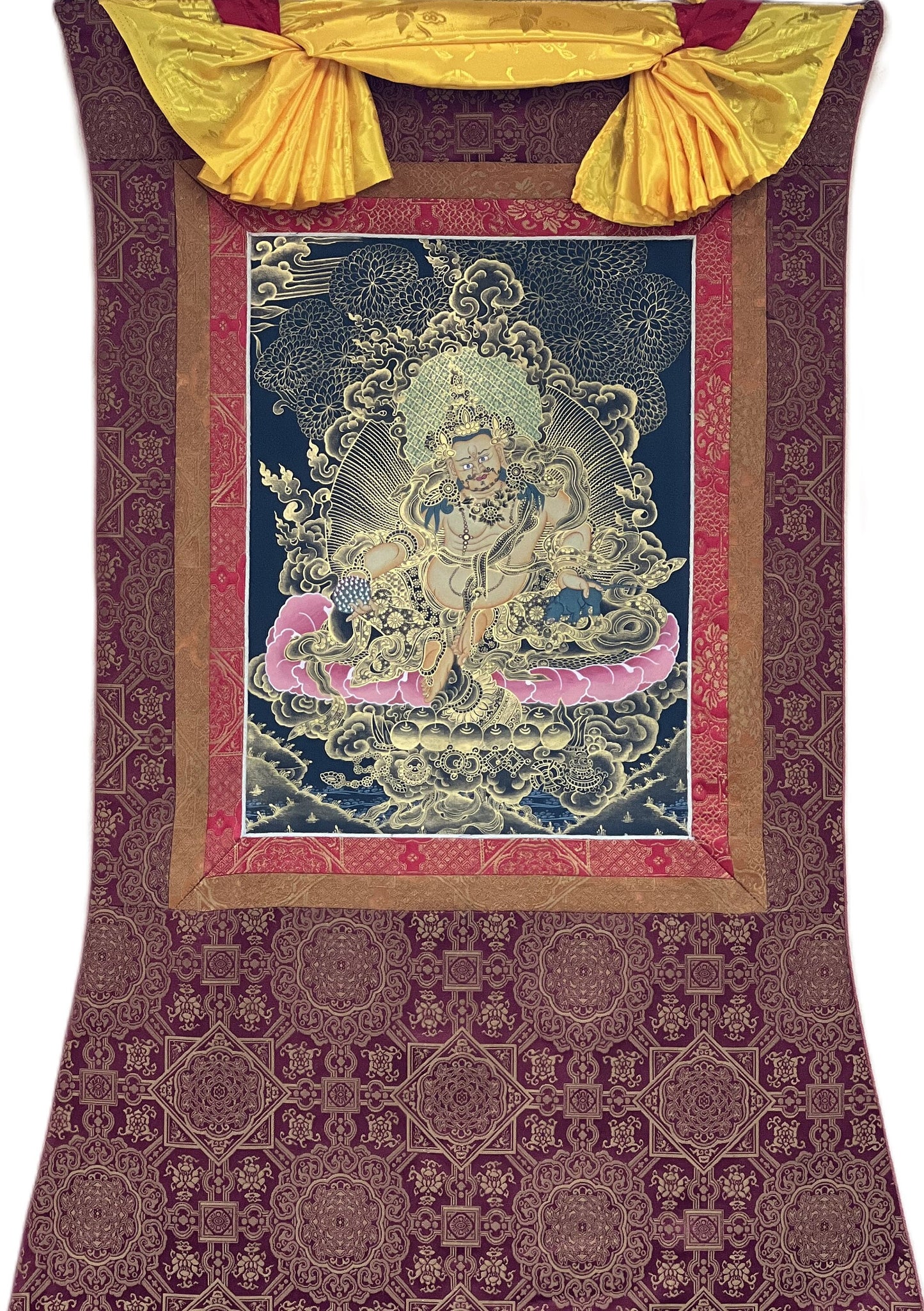 Original Hand Painted Kubera/ Jambhala/ Zambala God Of Wealth Tibetan Compassion / Meditation Thangka  Painting with Premium Silk Brocade