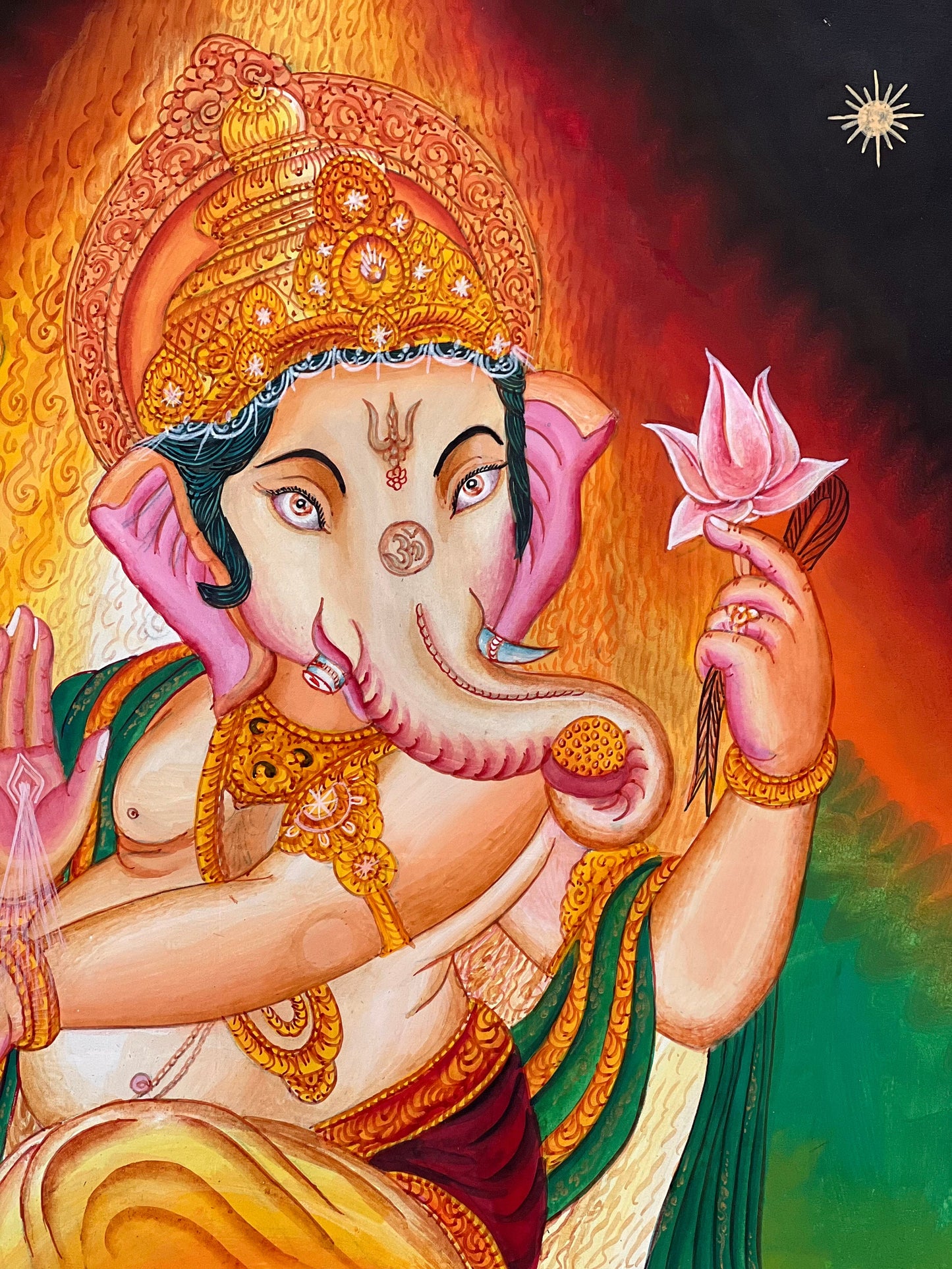 Original Hand-Painted Lord Ganesha/ Ganapati/ Vinayaka/ Vighnaharta Masterpiece Newari Paubha Thangka Painting