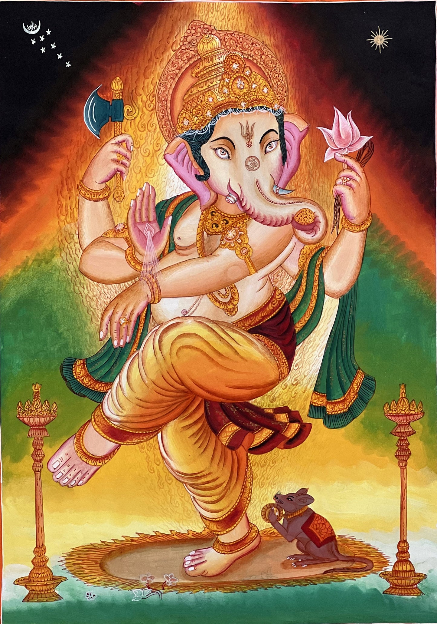 Original Hand-Painted Lord Ganesha/ Ganapati/ Vinayaka/ Vighnaharta Masterpiece Newari Paubha Thangka Painting