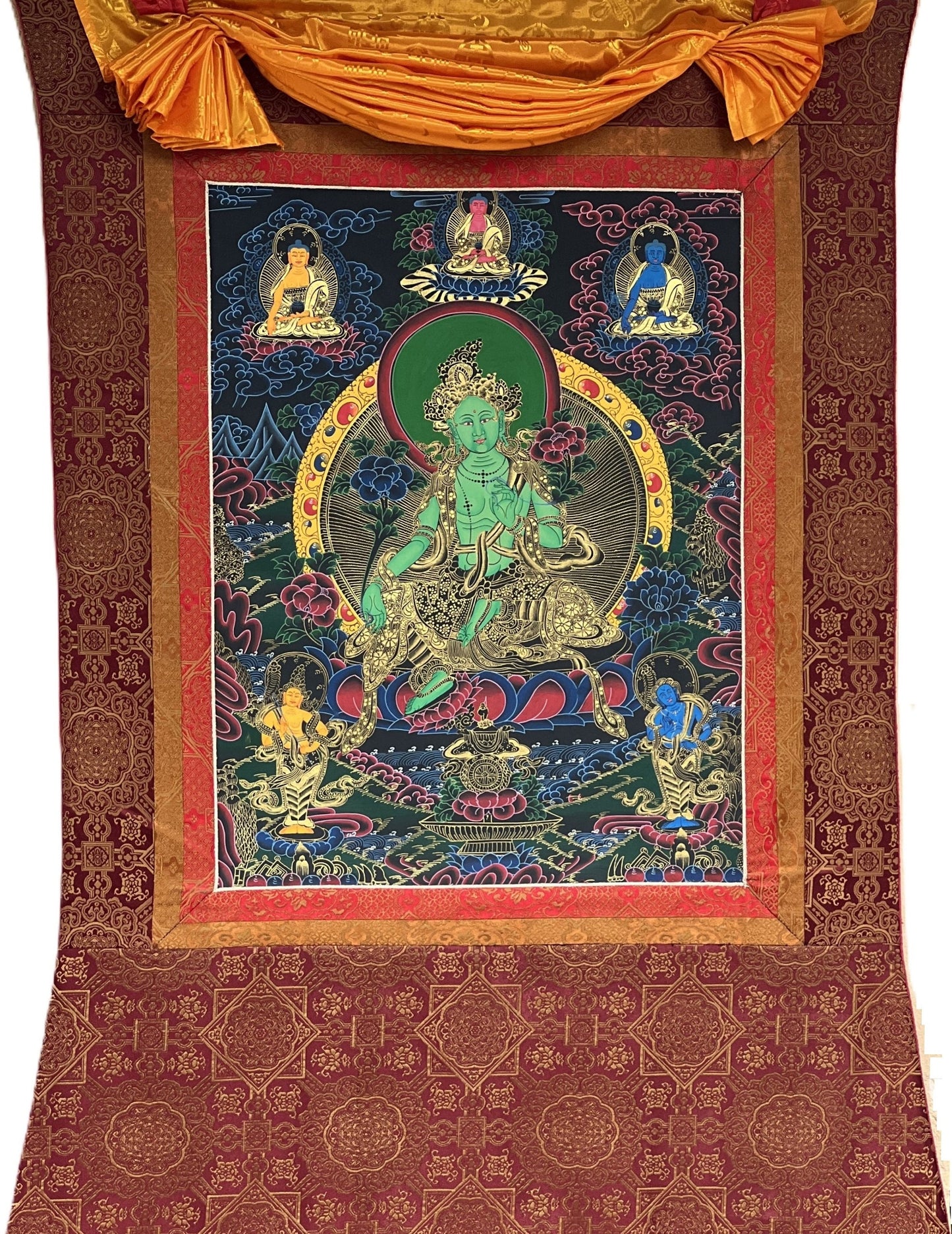 Hand painted Original Green Tara Masterpiece Tibetan Wall Hanging Thangka Painting Compassion Meditation Art with Narrow Silk Border