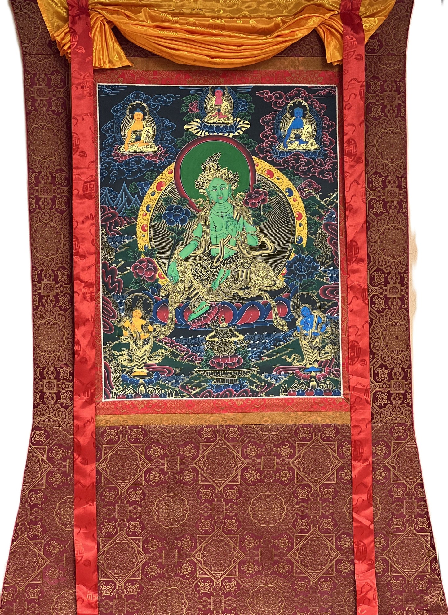 Hand painted Original Green Tara Masterpiece Tibetan Wall Hanging Thangka Painting Compassion Meditation Art with Narrow Silk Border