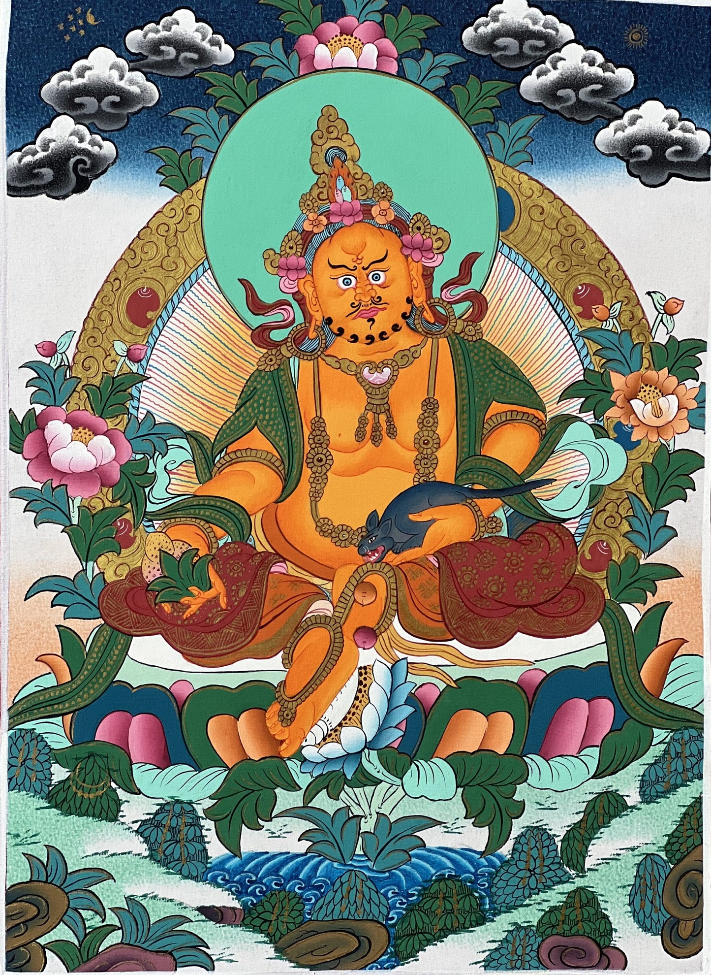 Original Hand Painted Kubera Jambhala/Dzambhala/Zambala God Of Wealth Tibetan Compassion / Meditation Thangka / Thanka  Painting From Nepal