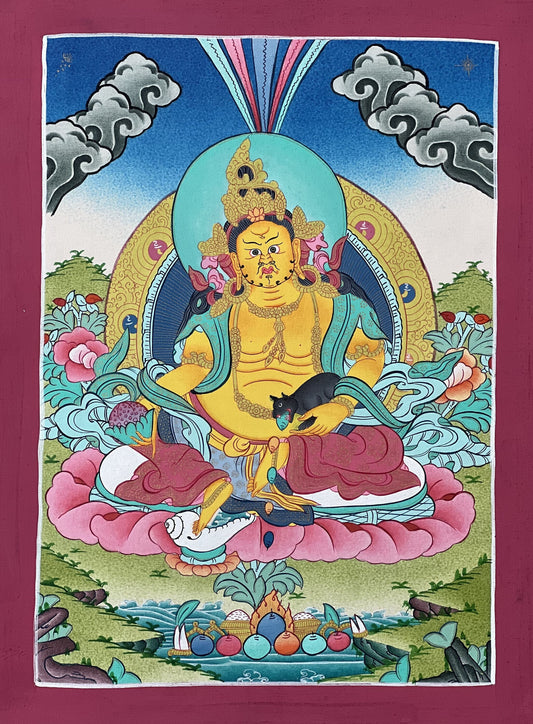 Original Hand Painted Jambhala /God Of Wealth  Tibetan Compassion / Meditation Wall Hanging Masterpiece Thangka / Thanka  Painting