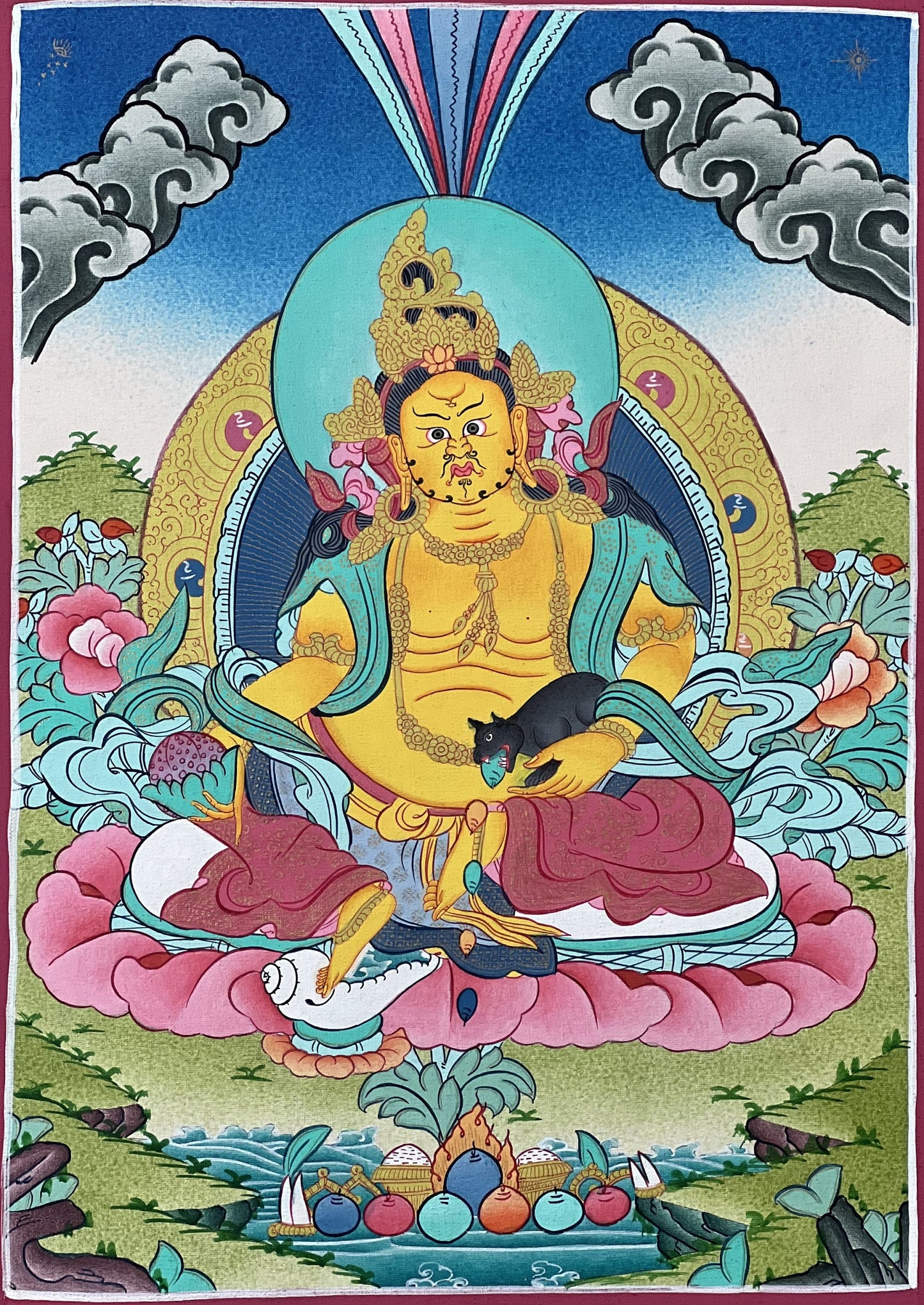 Original Hand Painted Jambhala /God Of Wealth  Tibetan Compassion / Meditation Wall Hanging Masterpiece Thangka / Thanka  Painting