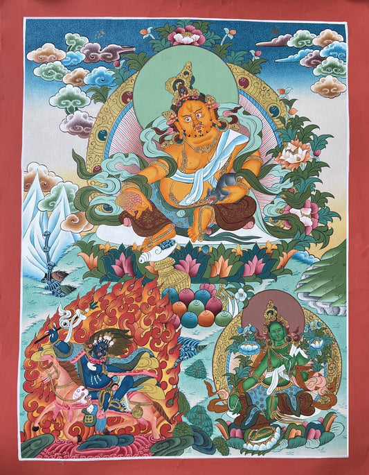 Original Hand Painted Jambhala / Kubera God Of Wealth 24 K Gold Tibetan  Meditation Thangka/Thanka Painting with Green Tara and Palden Lhamo