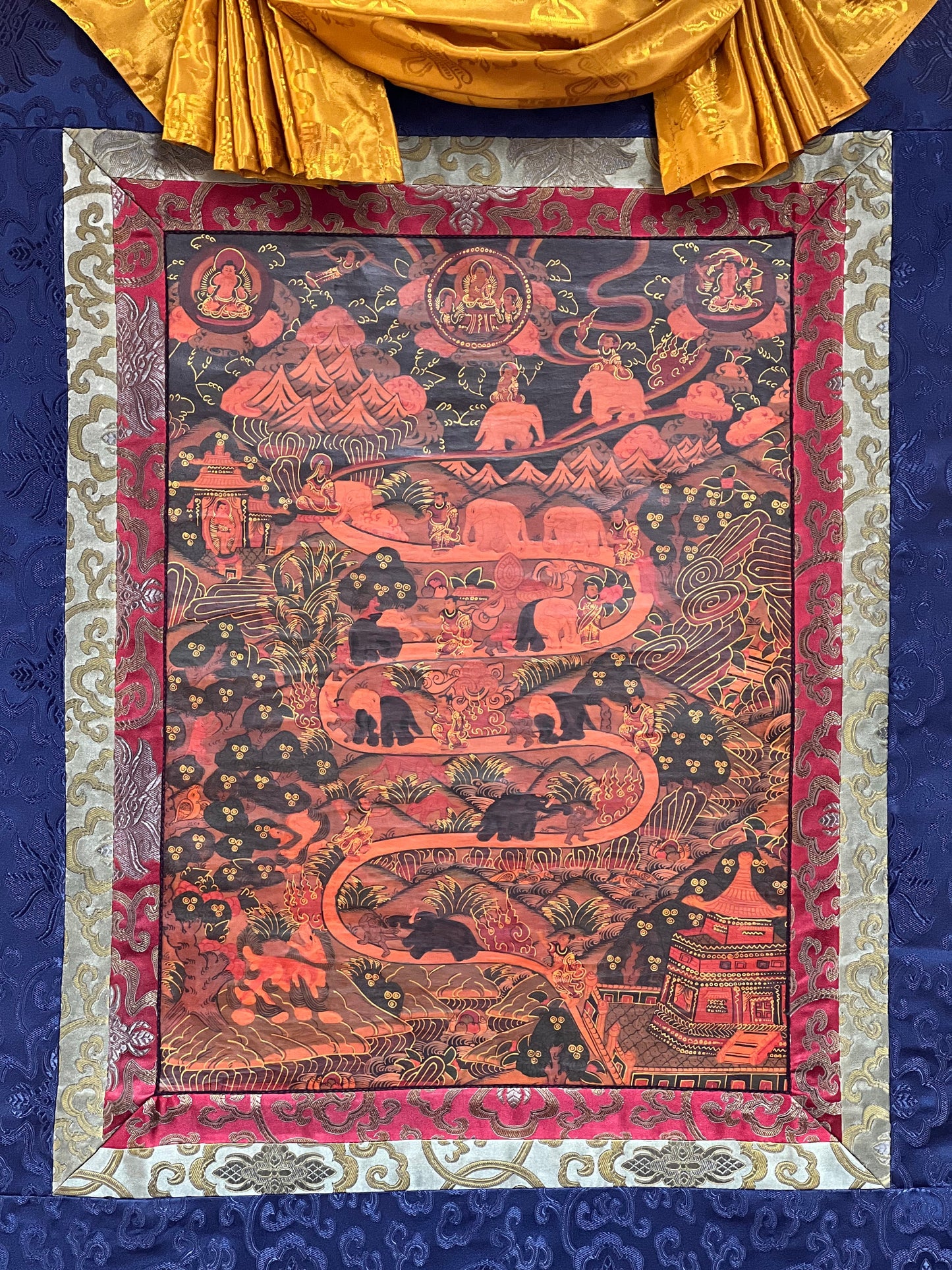 Original Hand-painted  Samatha Meditation/ Way to Heaven/ Elephant Path Old Oil-Varnished Tibetan Thangka Painting With Silk Brocade