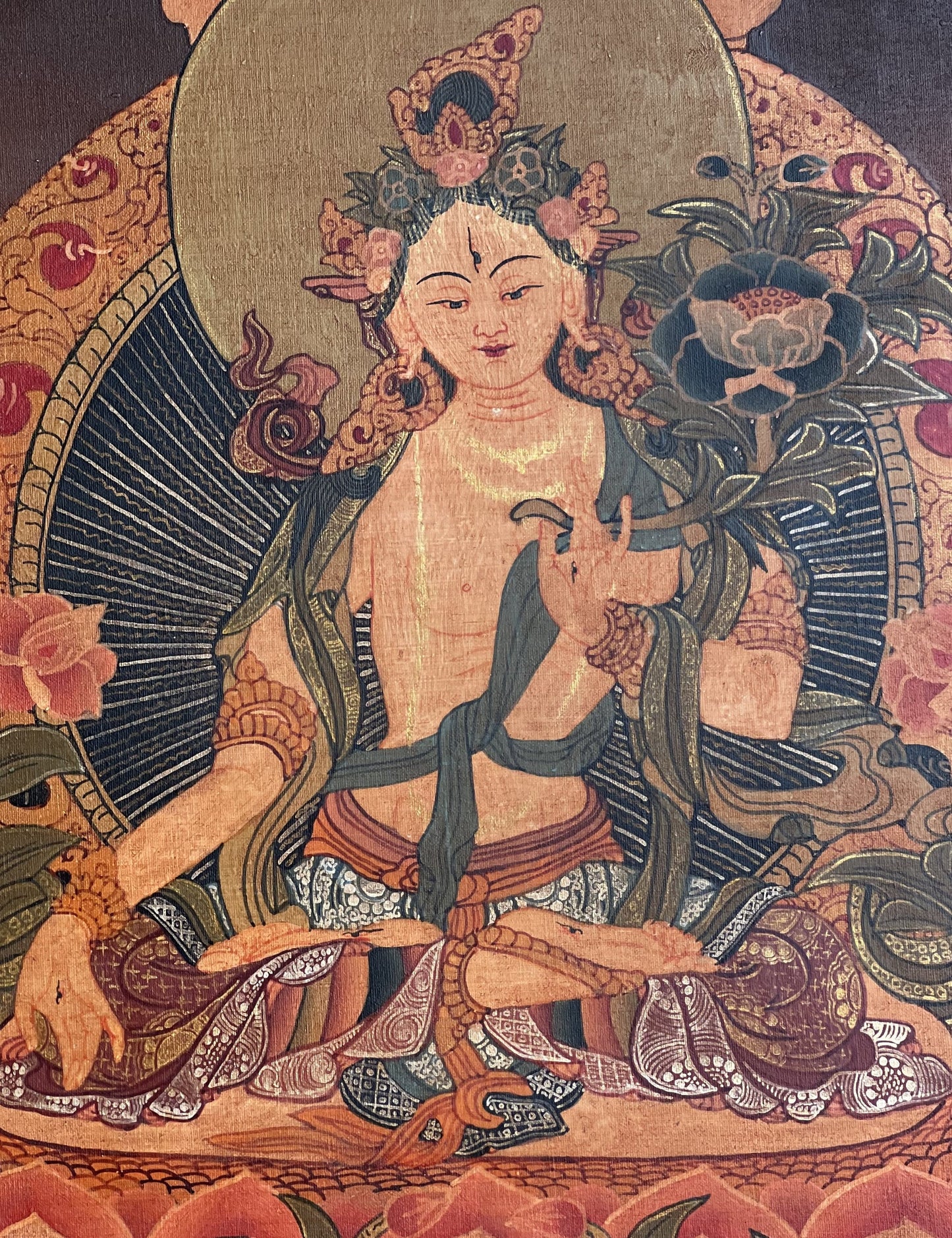 Original Hand-painted White Tara Mother Goddess Semi-Antique Gold Tibetan Thangka Painting/Compassion Meditation Art