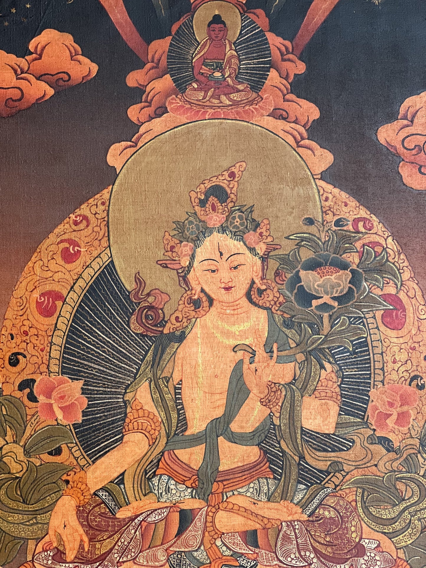 Original Hand-painted White Tara Mother Goddess Semi-Antique Gold Tibetan Thangka Painting/Compassion Meditation Art