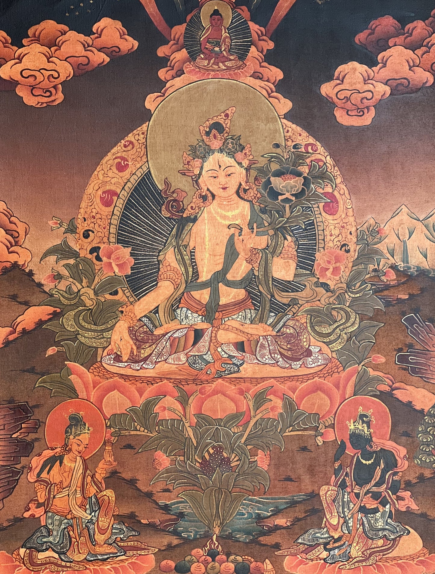 Original Hand-painted White Tara Mother Goddess Semi-Antique Gold Tibetan Thangka Painting/Compassion Meditation Art