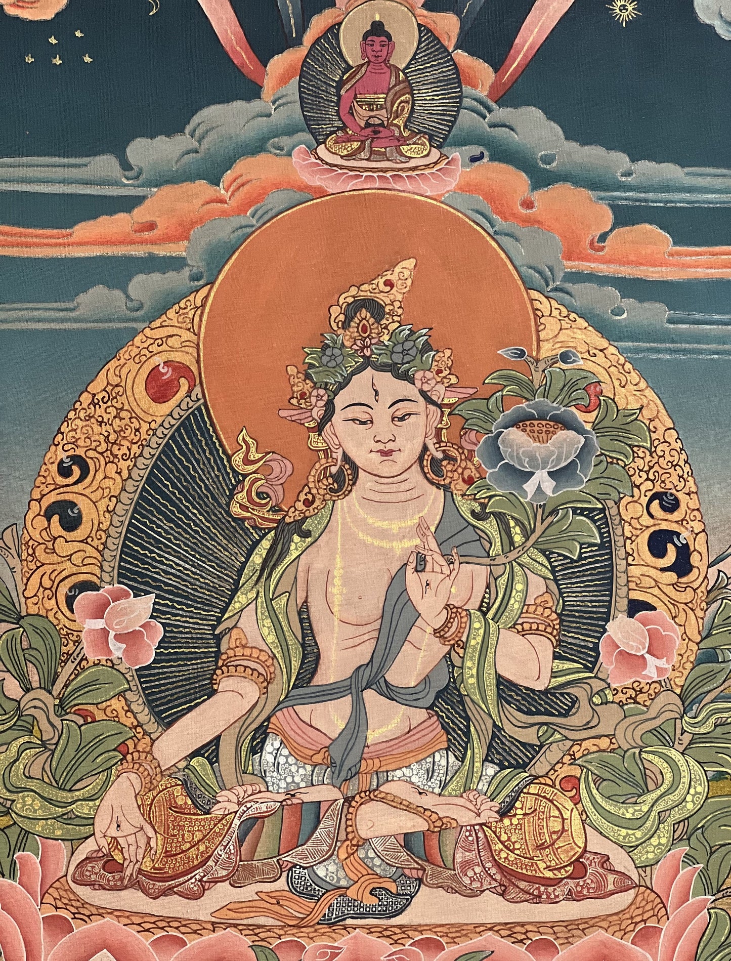 Original Hand-painted White Tara Mother Goddess Semi-Antique 24 K Gold Tibetan Thangka Painting/Compassion Meditation Art