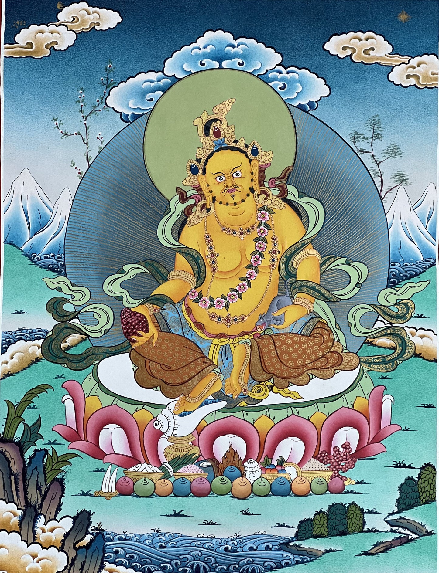 Original Hand-painted Yellow Jambhala/ Zambala/ Zambhala/ Kuber God of Wealth Masterpiece Gold Tibetan Thangka Painting