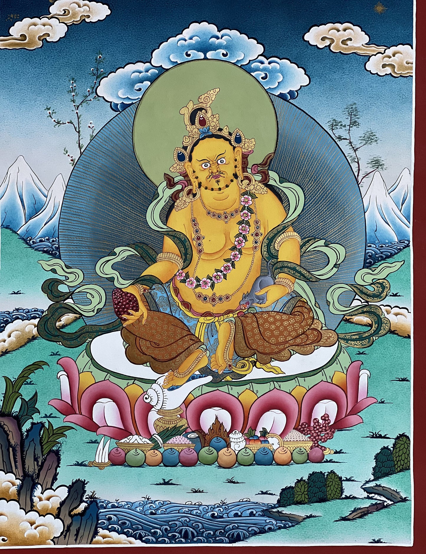 Original Hand-painted Yellow Jambhala/ Zambala/ Zambhala/ Kuber God of Wealth Masterpiece Gold Tibetan Thangka Painting