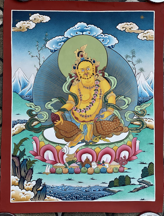 Original Hand-painted Yellow Jambhala/ Zambala/ Zambhala/ Kuber God of Wealth Masterpiece Gold Tibetan Thangka Painting