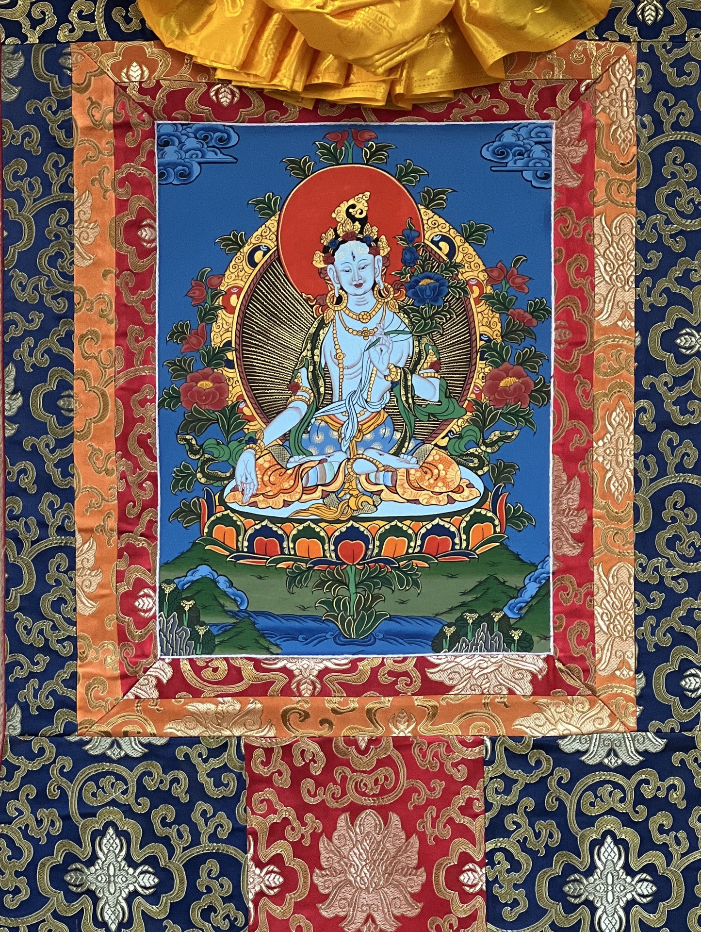 Original Hand Painted White Tara / Mother Goddess / Tibetan Compassion  Meditation Thangka / Thanka Painting with Silk Border