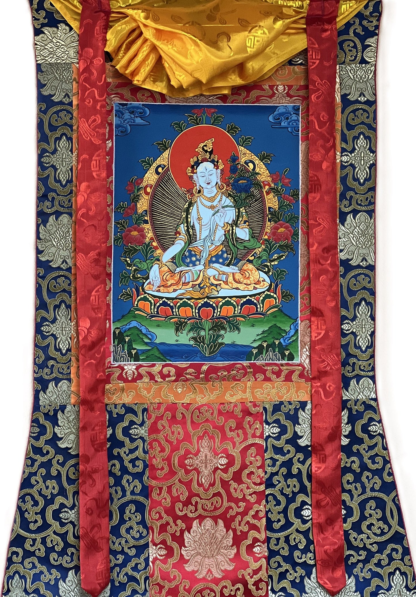 Original Hand Painted White Tara / Mother Goddess / Tibetan Compassion  Meditation Thangka / Thanka Painting with Silk Brocade