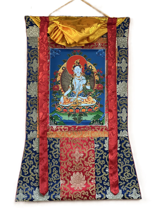 Original Hand Painted White Tara / Mother Goddess / Tibetan Compassion  Meditation Thangka / Thanka Painting with Silk Brocade