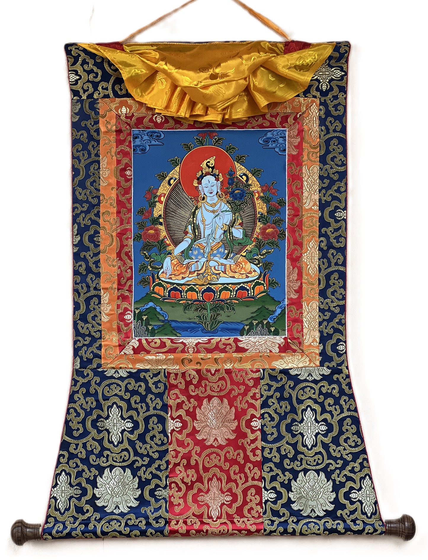 Original Hand Painted White Tara / Mother Goddess / Tibetan Compassion  Meditation Thangka / Thanka Painting with Silk Border