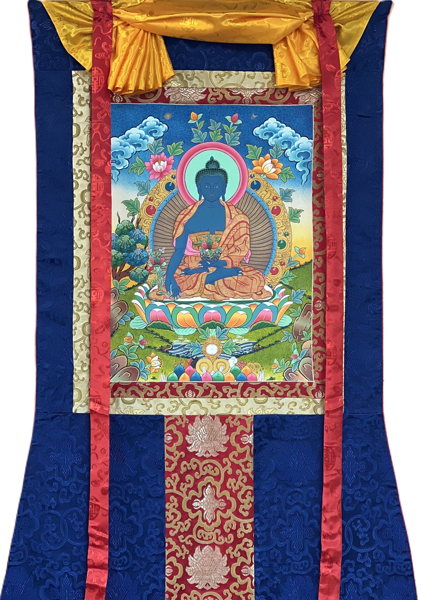 Original Hand-painted Medicine Buddha/ Bhaisajyaguru/ Tibetan Thangka Painting with Traditional Silk Brocade