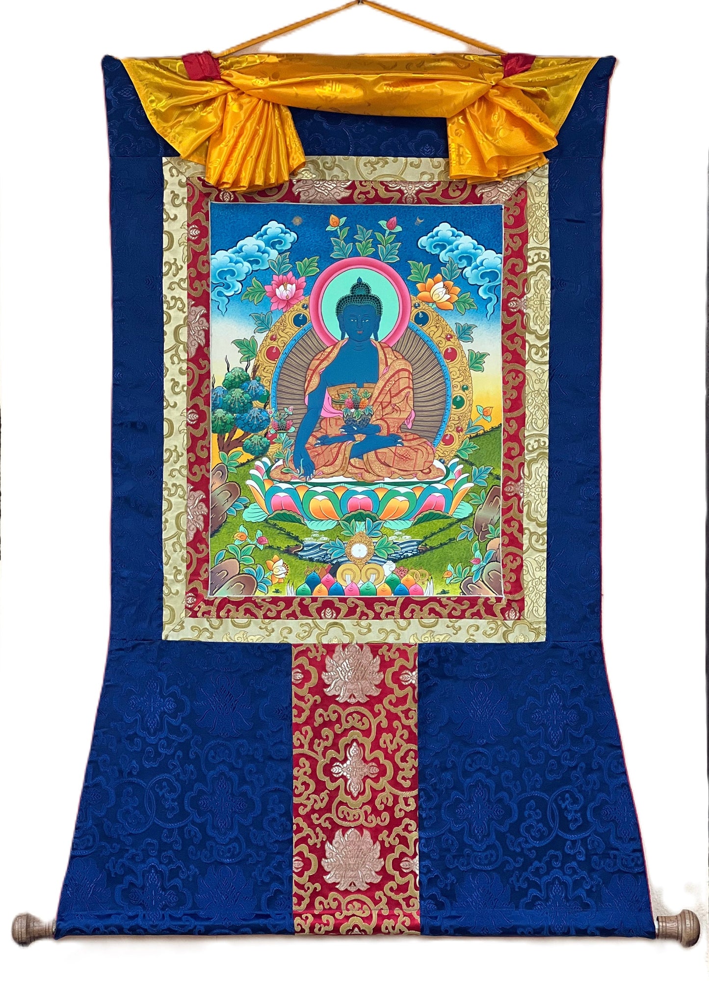 Original Hand-painted Medicine Buddha/ Bhaisajyaguru/ Tibetan Thangka Painting with Traditional Silk Brocade