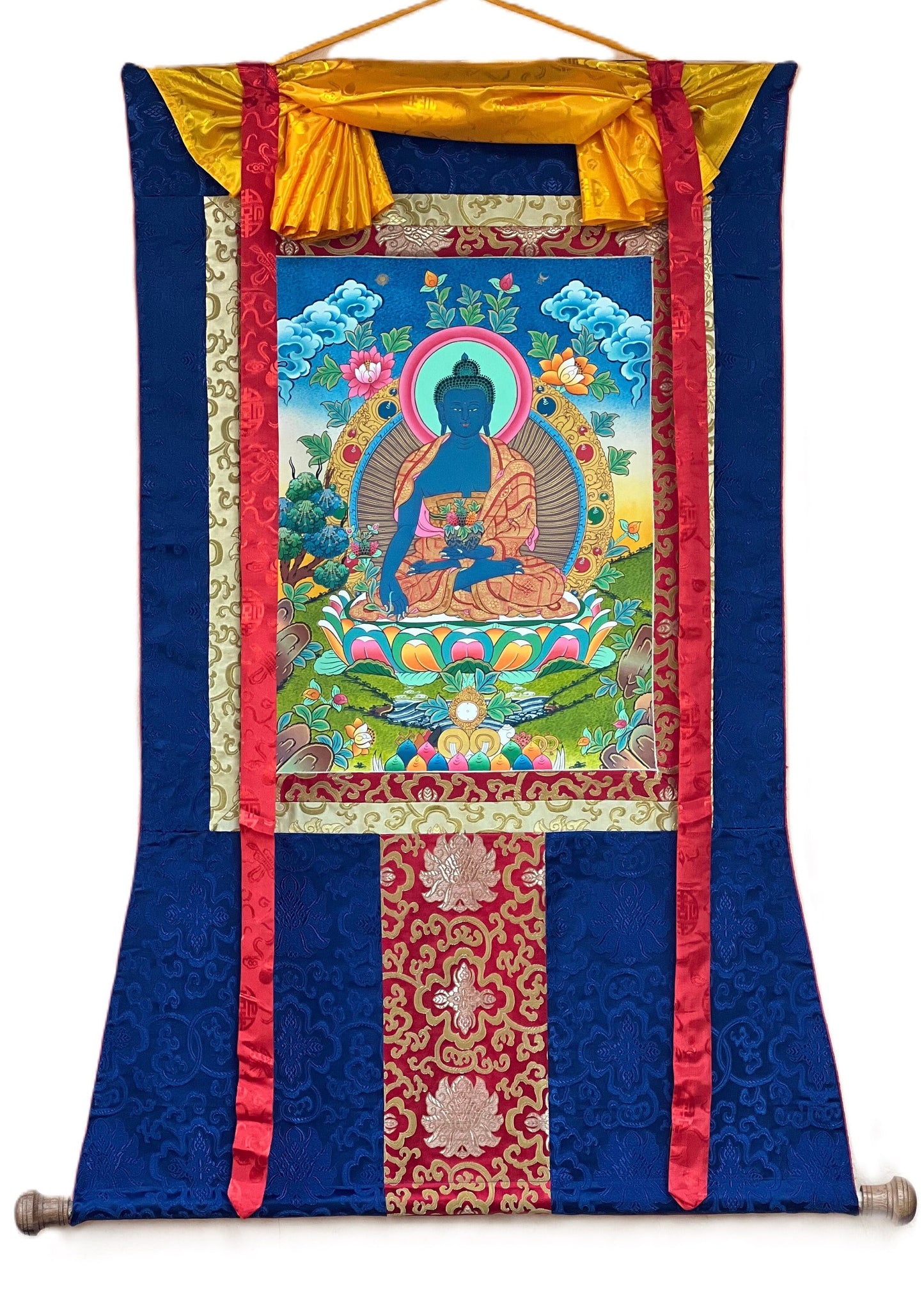 Original Hand-painted Medicine Buddha/ Bhaisajyaguru/ Tibetan Thangka Painting with Traditional Silk Brocade