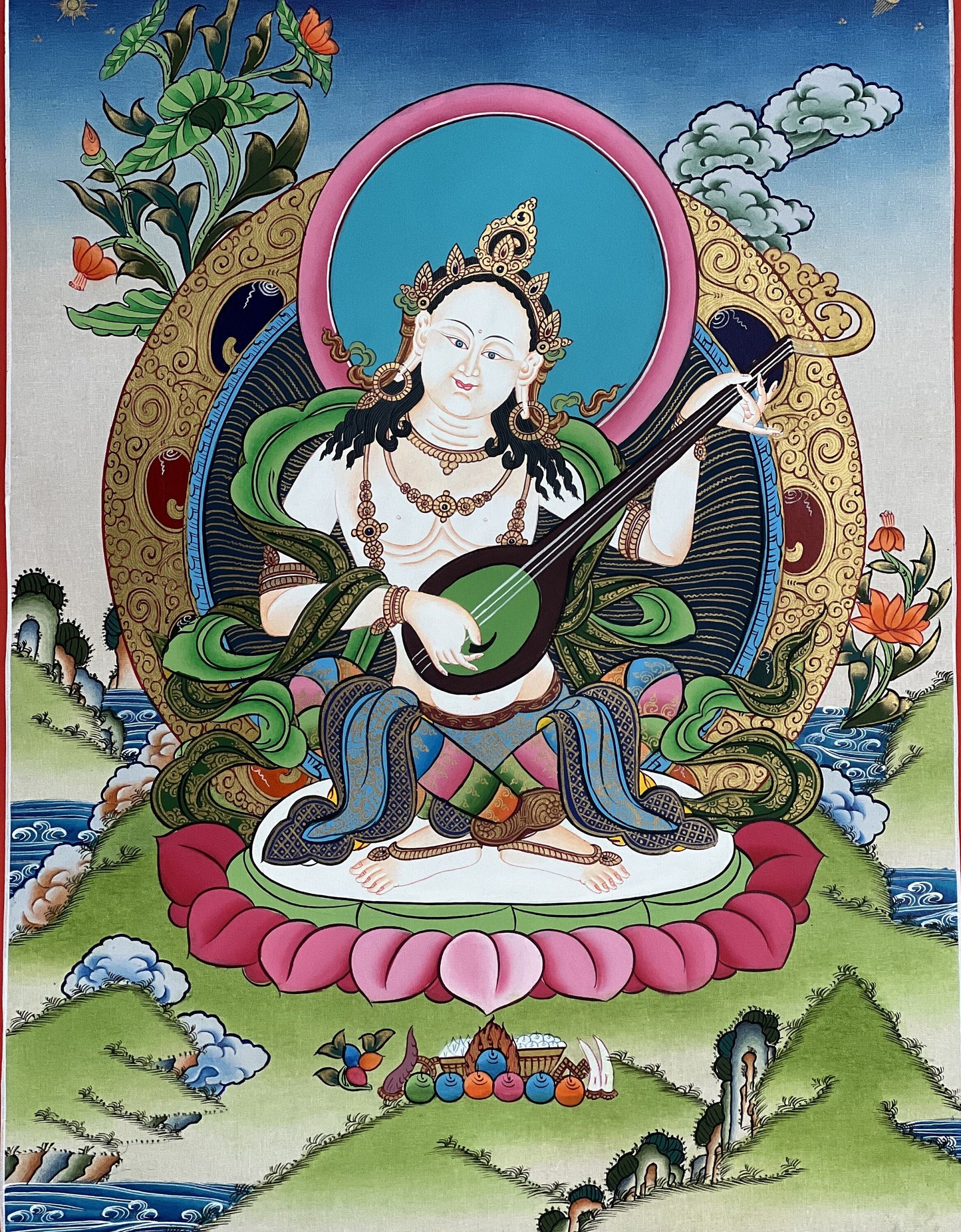 Original hand-painted masterpiece Goddess Saraswati/Sarasvati  Yangchenma Tibetan Thangka painting