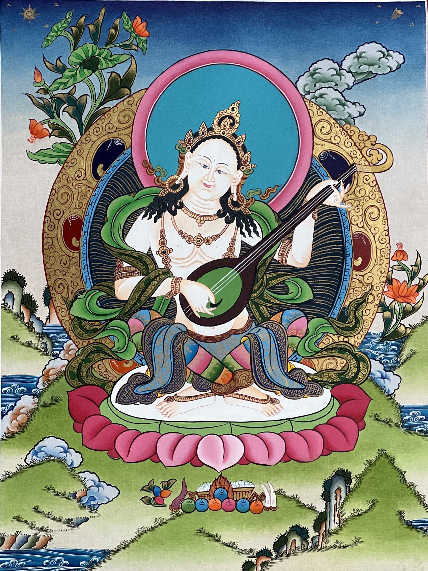 Original hand-painted masterpiece Goddess Saraswati/Sarasvati  Yangchenma Tibetan Thangka painting