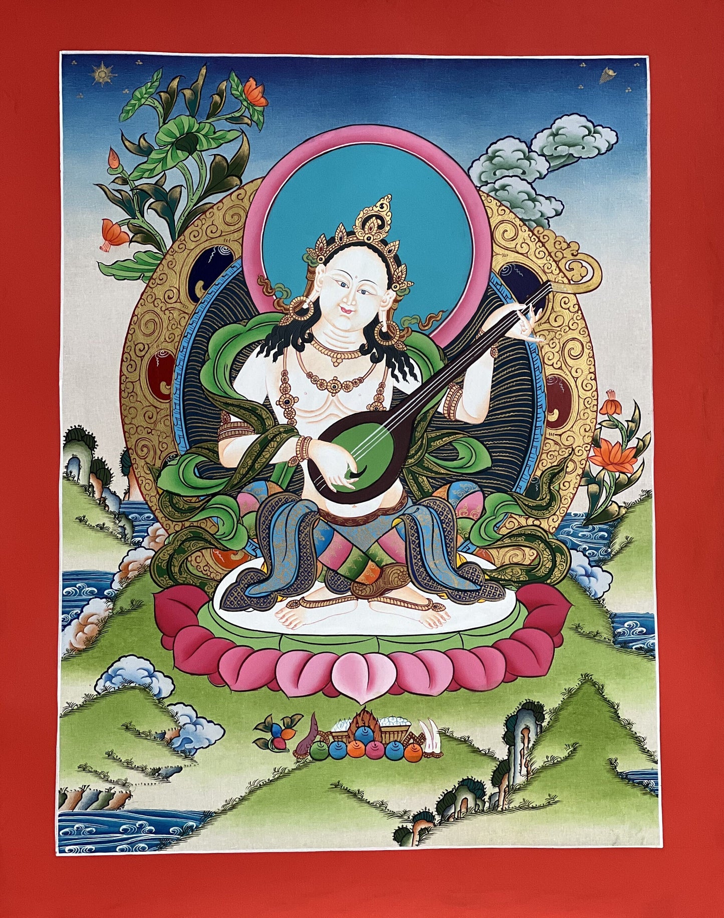 Original hand-painted masterpiece Goddess Saraswati/Sarasvati  Yangchenma Tibetan Thangka painting