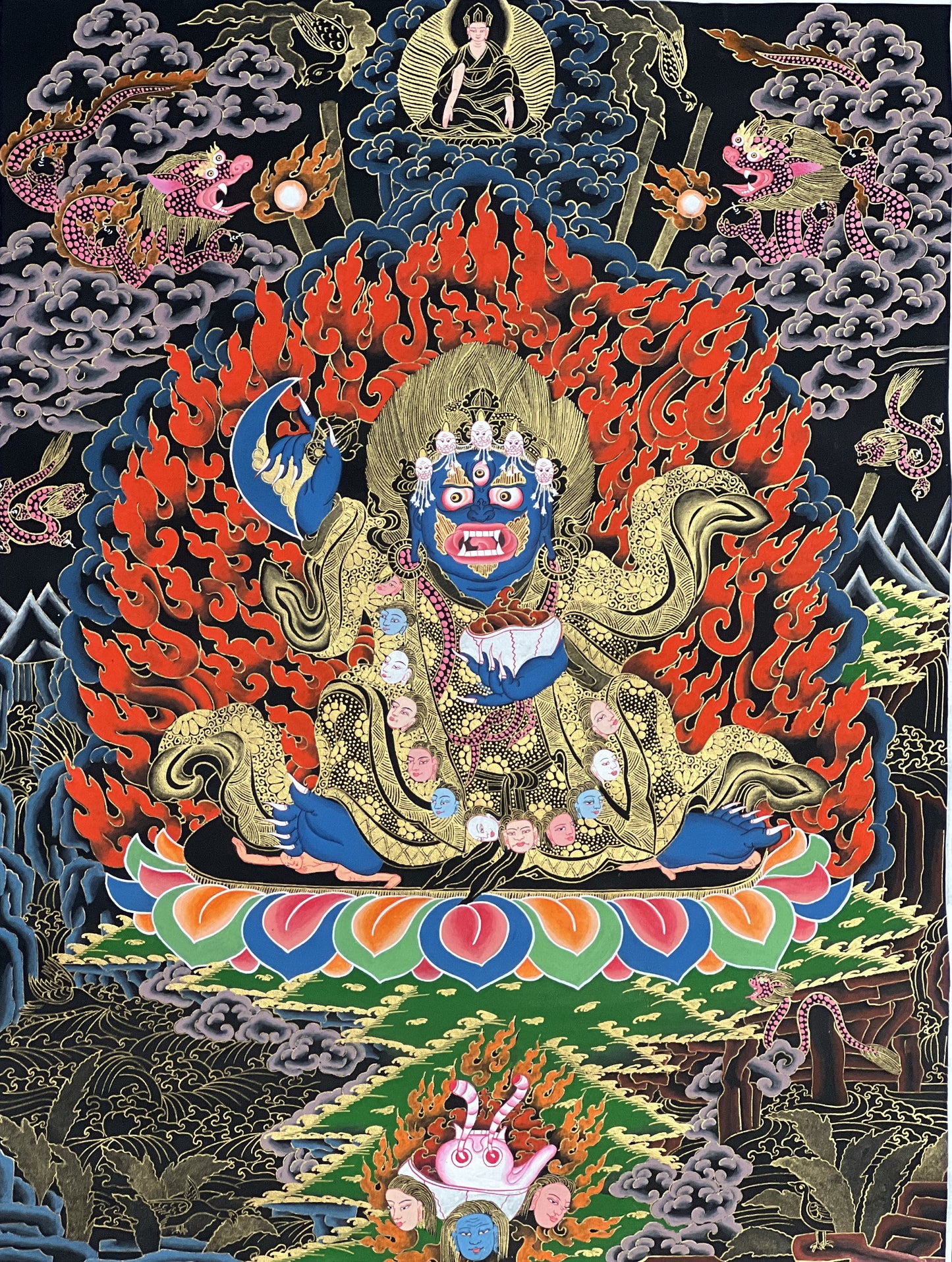 Original Hand Painted Masterpiece Two Armed Mahakala / Protector / Black-Cloaked Mahakala Tibetan  Meditation Thangka / Thanka  Painting