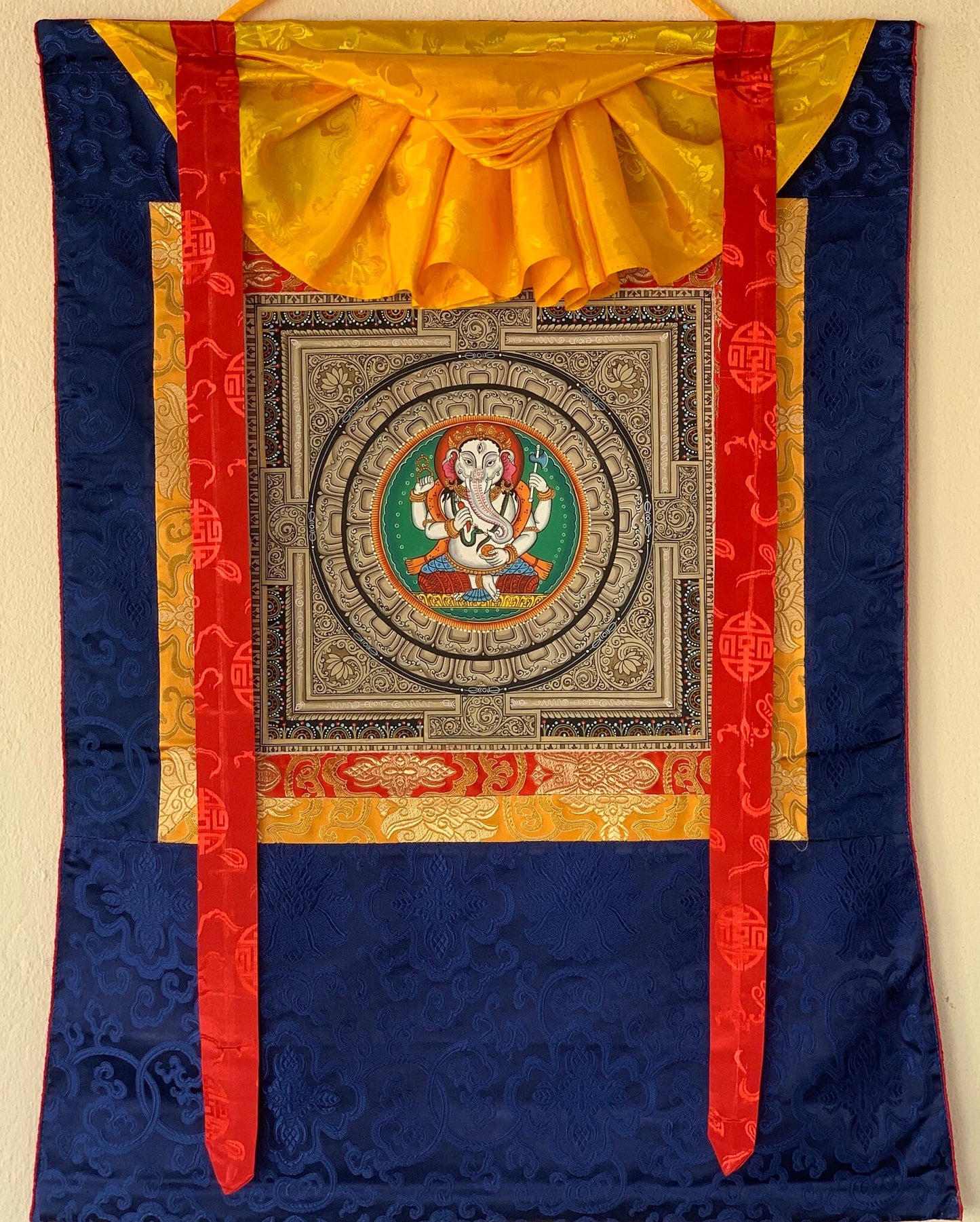 Original Hand-painted 4 Armed Ganesha/ Ganapati/ Vinayaka on Sriyantra Newari Paubha/ Thangka Painting with Silk Brocade