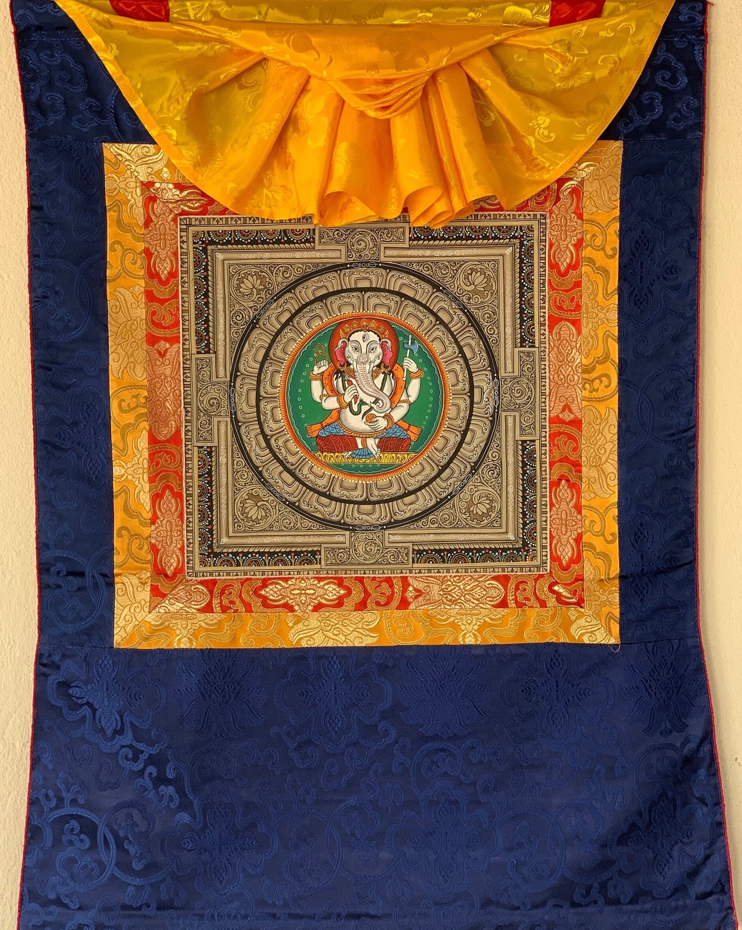 Original Hand-painted 4 Armed Ganesha/ Ganapati/ Vinayaka on Sriyantra Newari Paubha/ Thangka Painting with Silk Brocade