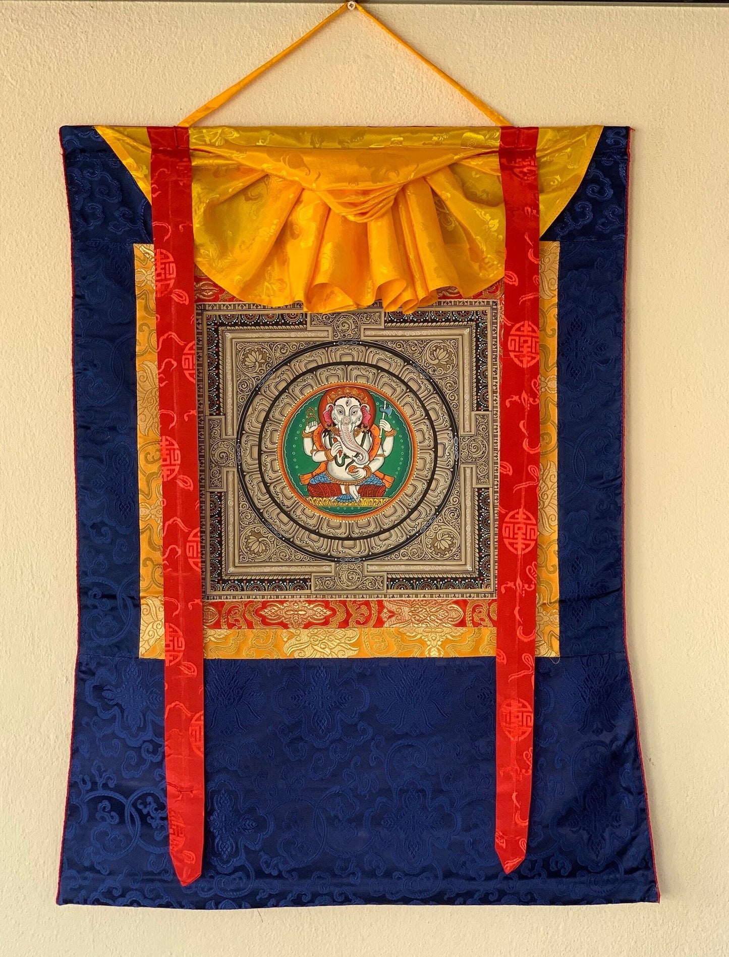 Original Hand-painted 4 Armed Ganesha/ Ganapati/ Vinayaka on Sriyantra Newari Paubha/ Thangka Painting with Silk Brocade