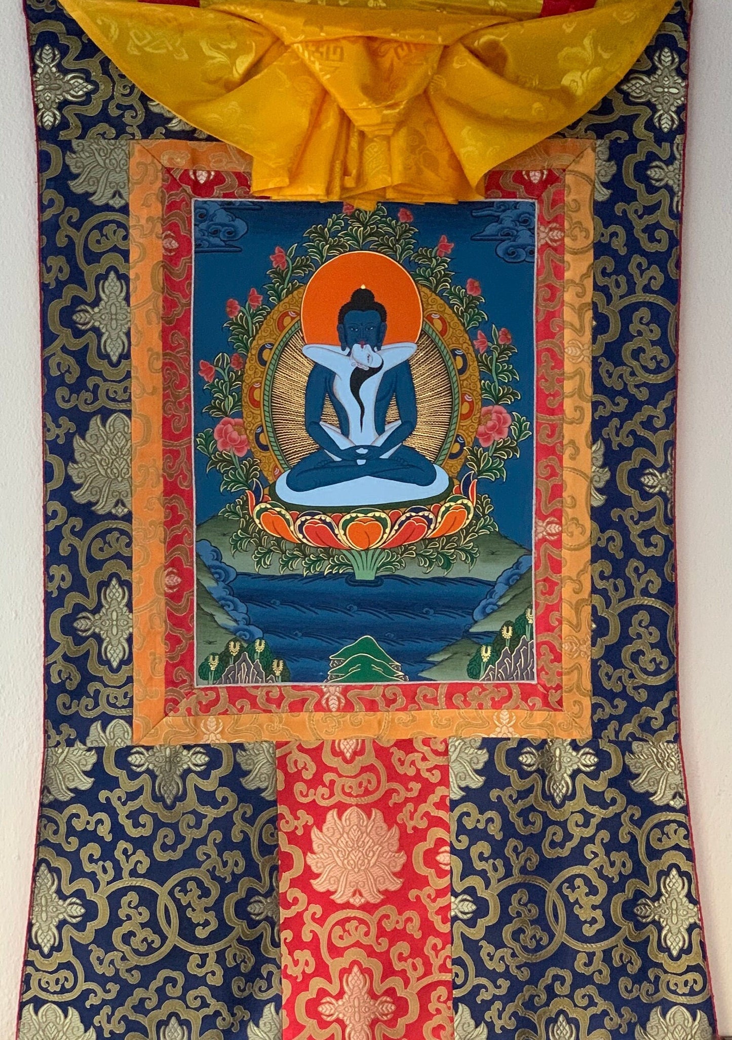 Original Hand-painted Samantabhadra/ Buddha Shakti/ Tantric Buddha Thangka Painting With Silk Brocade