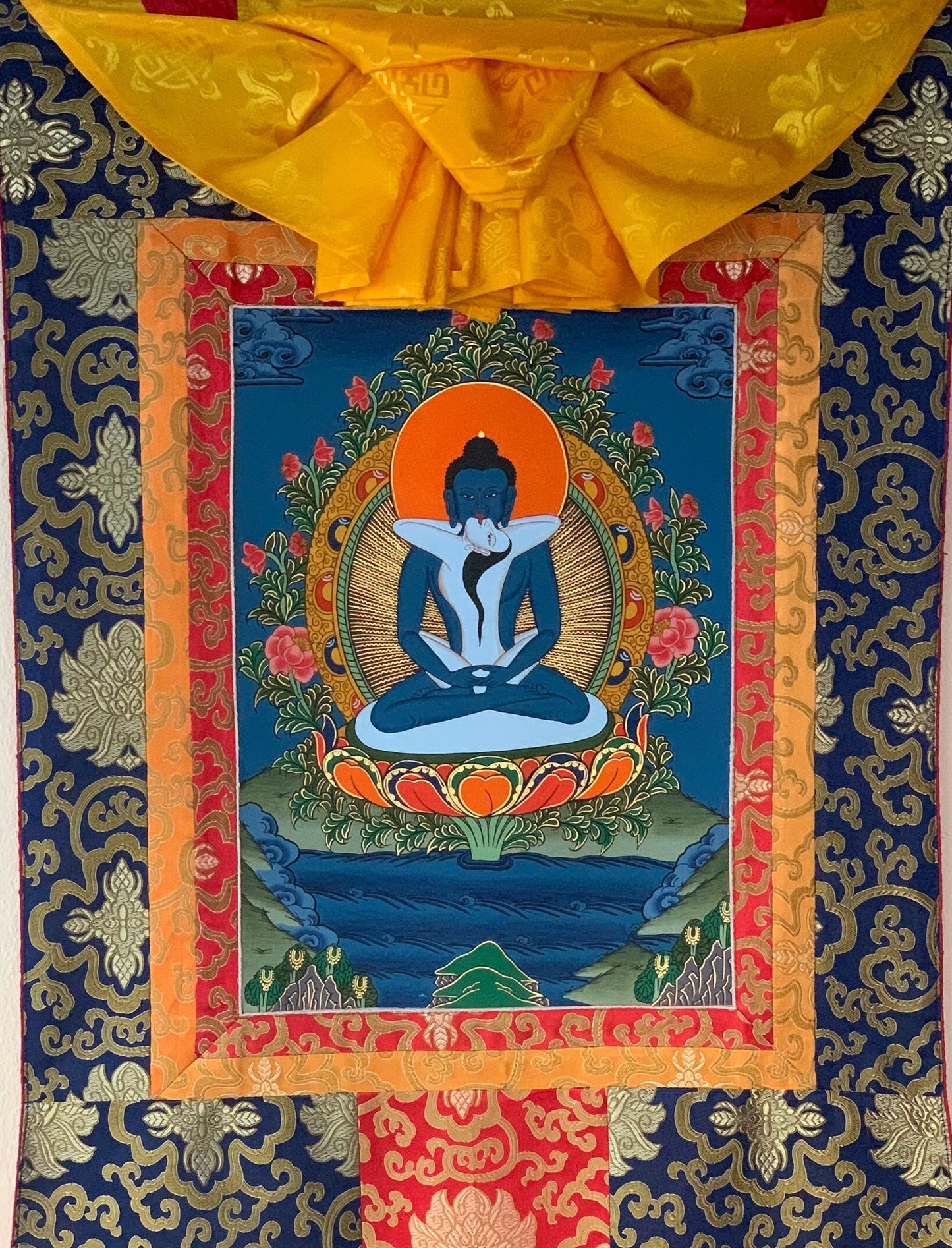 Original Hand-painted Samantabhadra/ Buddha Shakti/ Tantric Buddha Thangka Painting With Silk Brocade