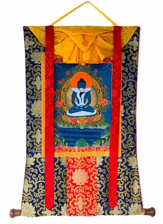 Original Hand-painted Samantabhadra/ Buddha Shakti/ Tantric Buddha Thangka Painting With Silk Brocade