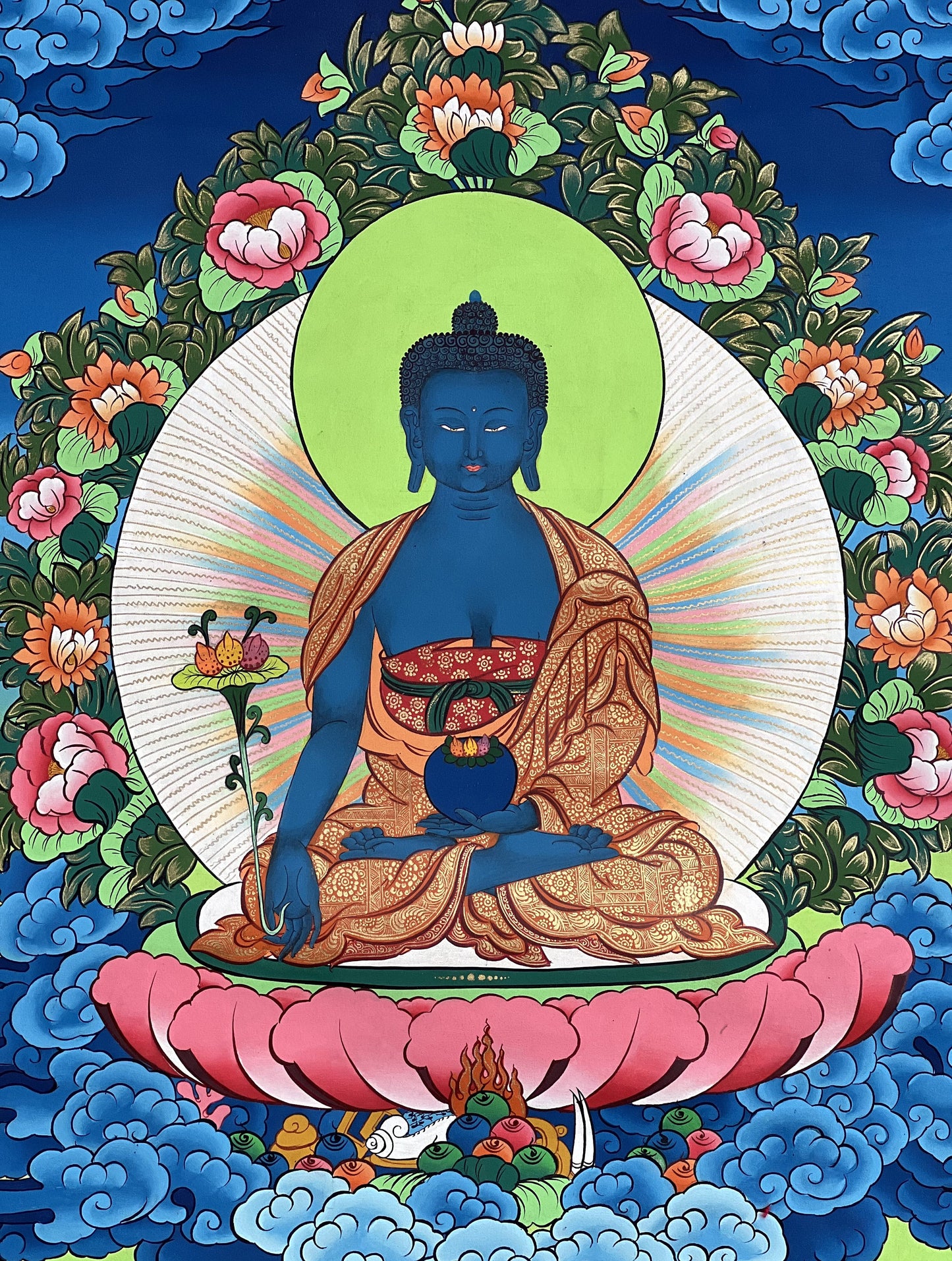 Original Hand-Painted Medicine Buddha / Bhaisajyaguru Masterpiece Tibetan Thangka Painting Compassion Meditation Healing Art From Nepal