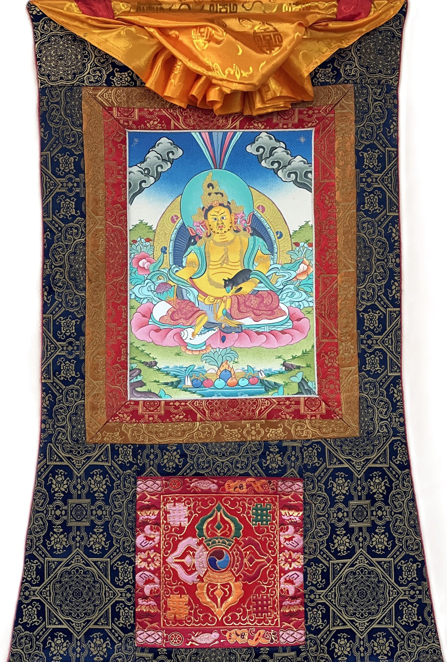 Original Hand Painted Jambhala /God Of Wealth  Tibetan Compassion / Meditation Wall Hanging Masterpiece Thangka with Silk Premium Brocade