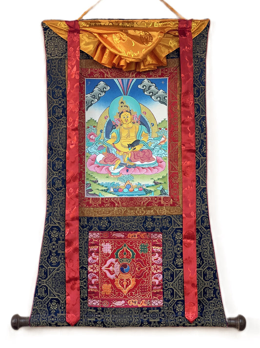 Original Hand Painted Jambhala /God Of Wealth  Tibetan Compassion / Meditation Wall Hanging Masterpiece Thangka with Silk Premium Brocade