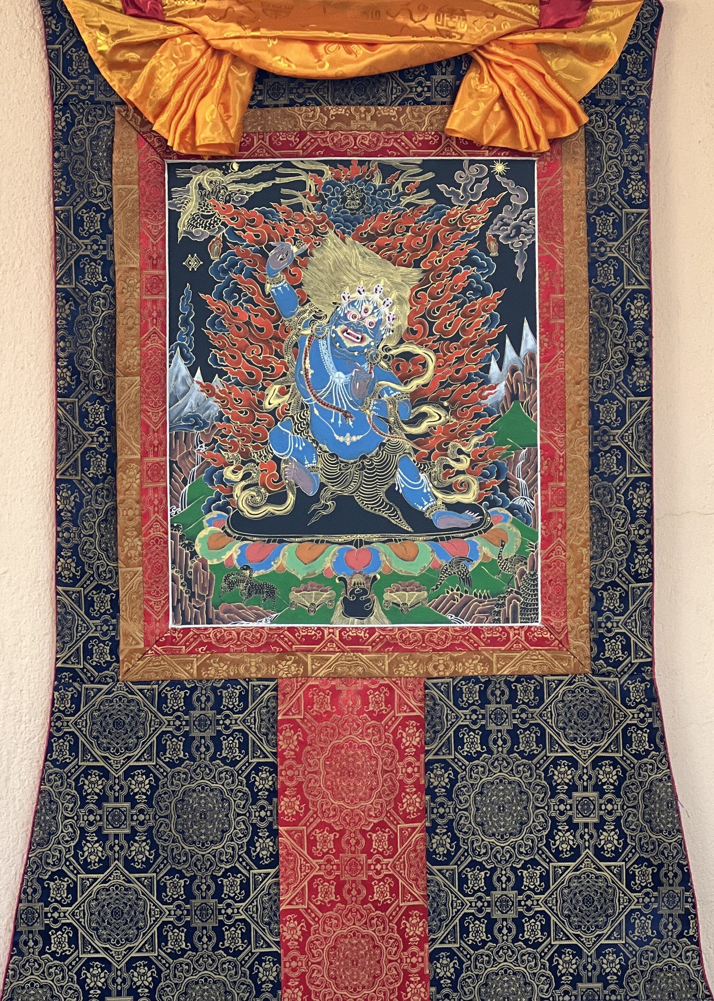 Original Hand Painted Master Quality VAJRAPANI/ Chana Dorji Protector Diety Tibetan Thangka / Thanka  Painting with Premium Silk Brocade