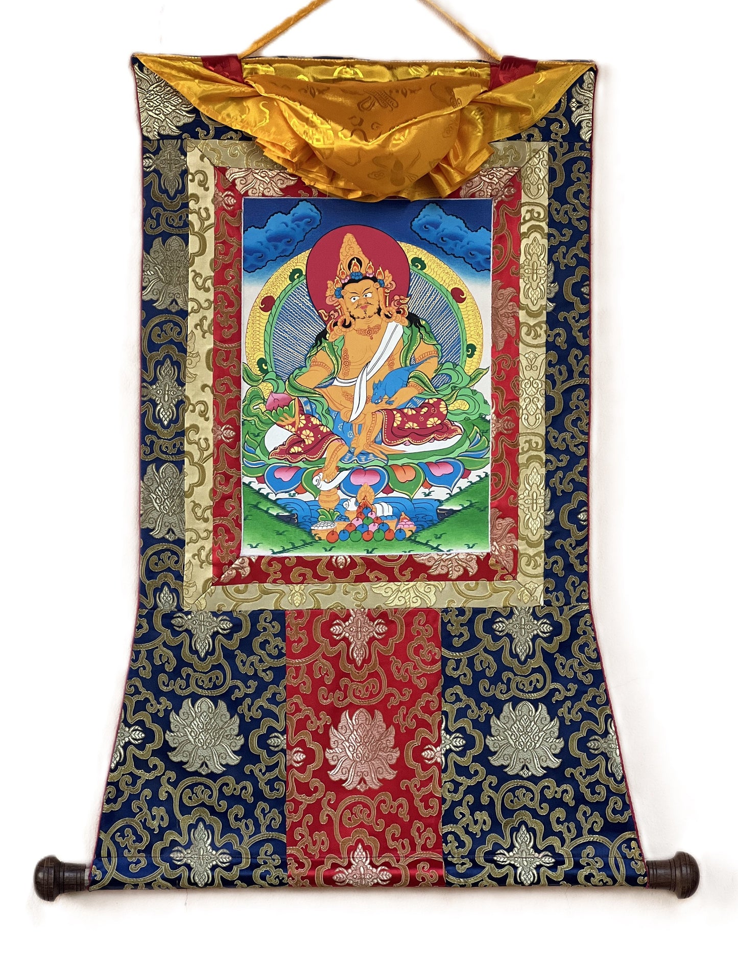 Original Hand Painted Kubera/ Jambhala/ Zambala God Of Wealth Tibetan Compassion / Meditation Thangka Painting with Traditional Silk Brocade