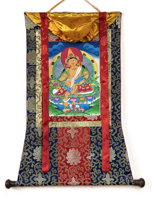 Original Hand Painted Kubera/ Jambhala/ Zambala God Of Wealth Tibetan Compassion / Meditation Thangka Painting with Traditional Silk Brocade