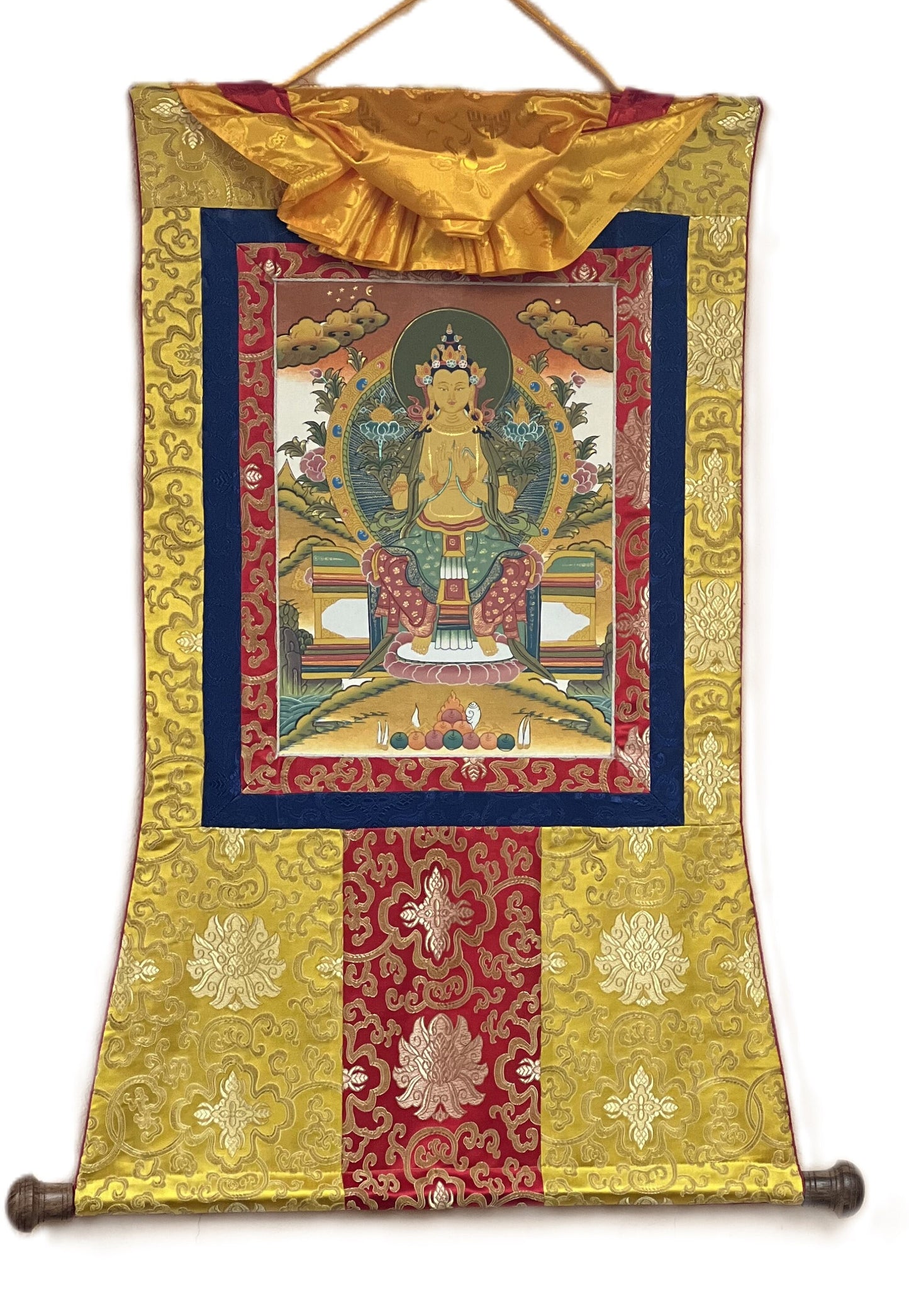 Original Hand-Painted Maitreya / Future Buddha for Dharma, Peace, and Prosperity Tibetan Thangka Painting with Traditional  Silk Brocade