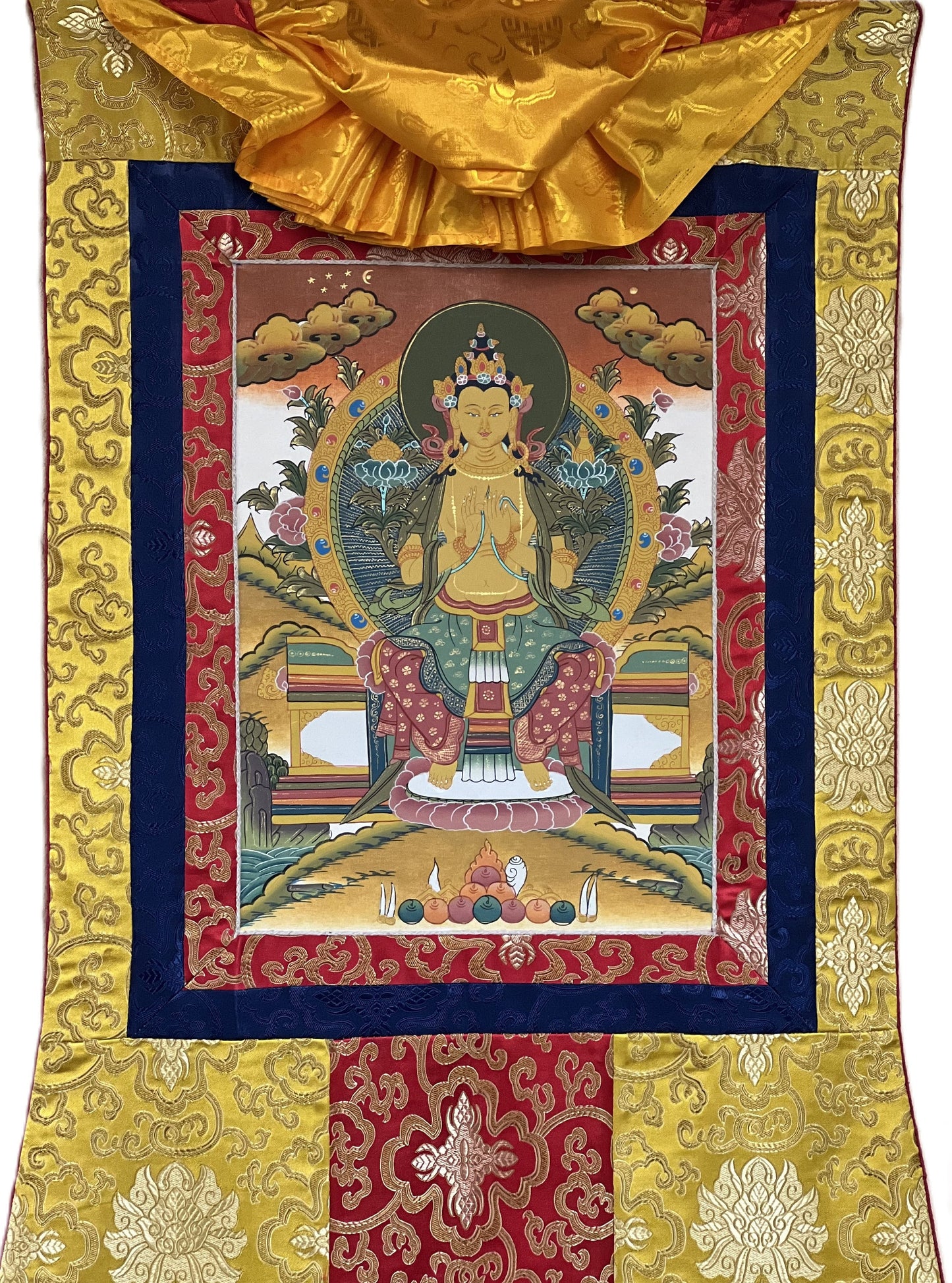 Original Hand-Painted Maitreya / Future Buddha for Dharma, Peace, and Prosperity Tibetan Thangka Painting with Traditional  Silk Brocade