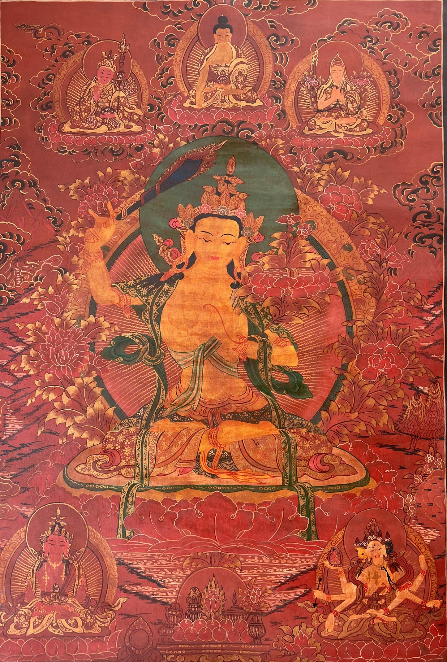 Original Hand-painted Old Oil Varnished  Manjushree/ Manjushri/ Manjusri God Of Wisdom Tibetan Wall Hanging Thanka  / Thangka Painting