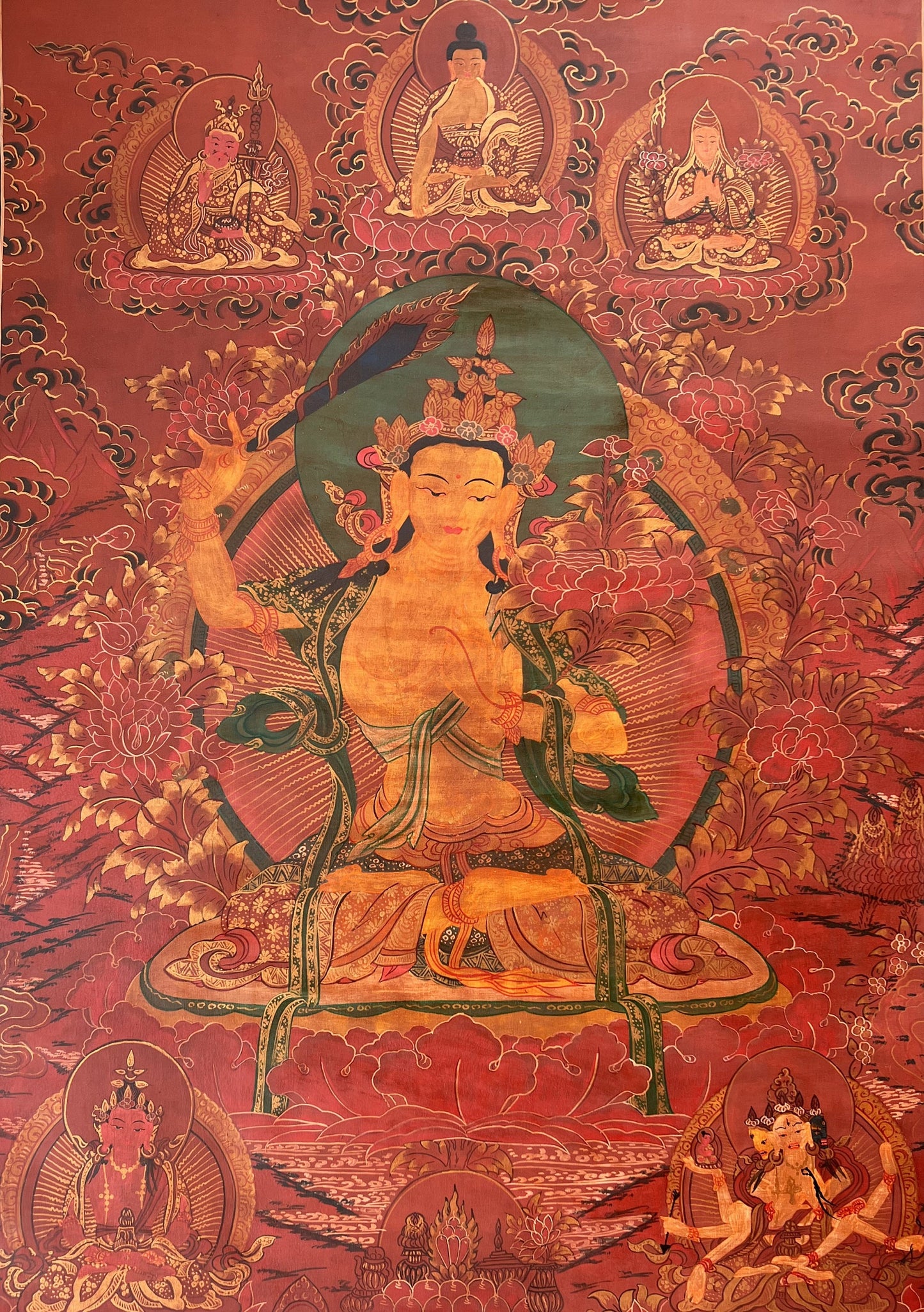 Original Hand-painted Old Oil Varnished  Manjushree/ Manjushri/ Manjusri God Of Wisdom Tibetan Wall Hanging Thanka  / Thangka Painting