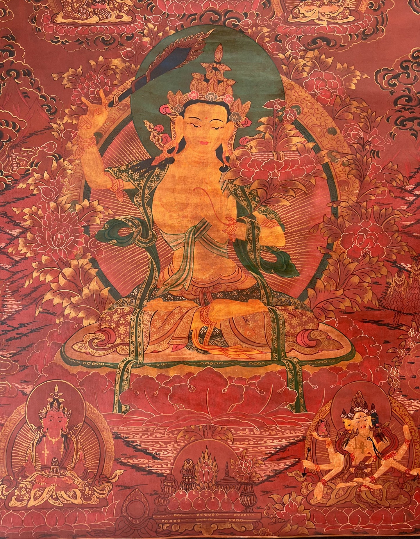 Original Hand-painted Old Oil Varnished  Manjushree/ Manjushri/ Manjusri God Of Wisdom Tibetan Wall Hanging Thanka  / Thangka Painting