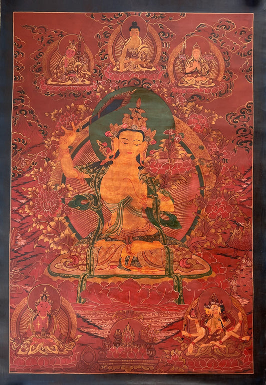 Original Hand-painted Old Oil Varnished  Manjushree/ Manjushri/ Manjusri God Of Wisdom Tibetan Wall Hanging Thanka  / Thangka Painting