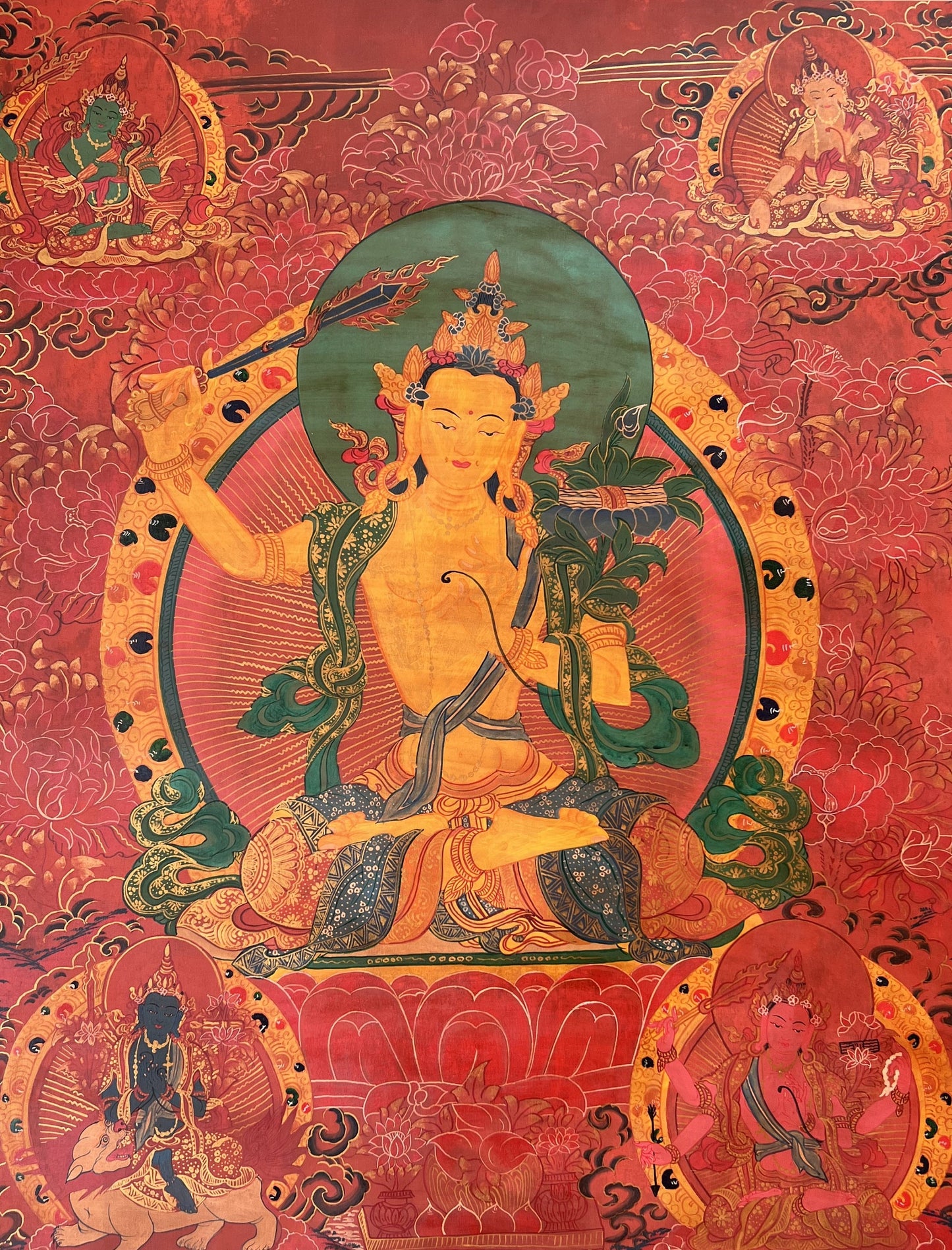 Original Hand-painted Old Oil Varnished Pancha Manjushree/ Five Manjushri/ God Of Wisdom Tibetan Wall Hanging Thanka  / Thangka Painting