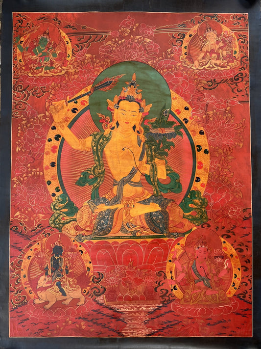 Original Hand-painted Old Oil Varnished Pancha Manjushree/ Five Manjushri/ God Of Wisdom Tibetan Wall Hanging Thanka  / Thangka Painting