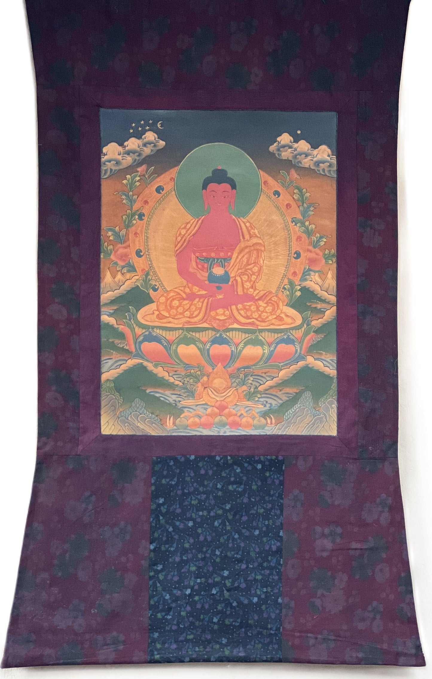 Original Hand-Painted Amitabha Buddha Old Oil-Varnished Tibetan Compassion / Meditation Thangka / Thanka Painting with Cotton Brocade